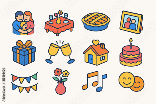 Vibrant Family Icons. Family Celebration flat icons set. group hug, decorated table, pie dish, photo frame, present box, toasting cups, warm home, birthday cake, festive banner
