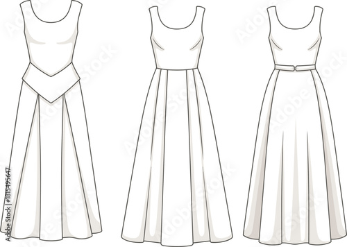 WebFashion sketch of three long dresses with pleated skirts, pointed and high waistlines, cad drawing flat vector illustration