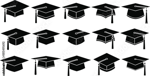 Graduation cap technical fashion illustration, academic mortarboard hat for university ceremony dress code, cad drawing flat vector illustration design template.