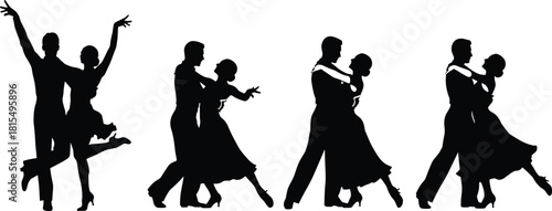 Set of ballroom dancing couples silhouettes, man and woman performing salsa tango waltz poses, cad drawing flat vector illustration, isolated