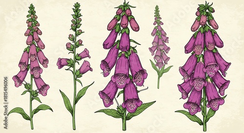 Botanical illustration of foxglove flowers in various stages, on a textured background