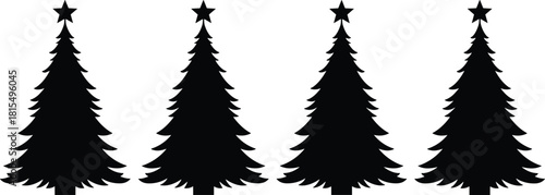 Set of four black Christmas tree silhouettes with stars, festive holiday pine icons, cad drawing flat vector illustration, isolated on white