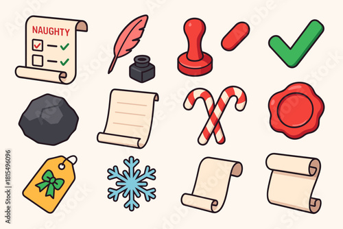 Holiday Icon Set. Naughty or Nice List flat icons set. checklist scroll, quill pen, ink pot, red stamp, green checkmark, coal lump, parchment sheet, candy cane, wax seal, present