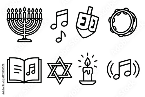 Festival Musical Icons. Festival Music Set linear icon set. menorah with candles, musical notes, dreidel, tambourine, songbook, Star of David, glowing candlelight, joyful rhythm