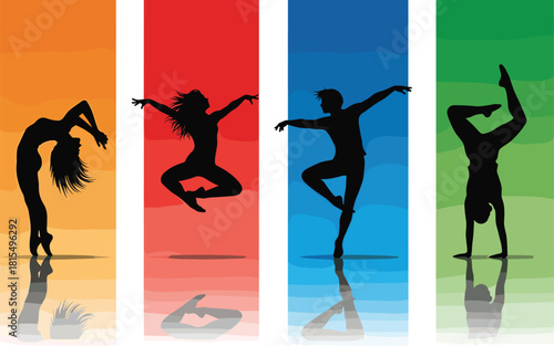 Silhouette dancers set, colorful vertical banners, ballet hip hop contemporary dance poses, energetic performance, active lifestyle, cad drawing flat vector illustration.