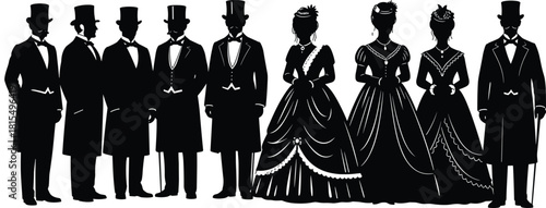Victorian era fashion silhouettes set, gentlemen in top hats and ladies in ball gowns, retro vintage style, cad drawing flat vector illustration.