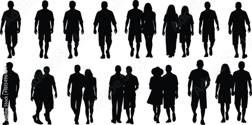 Walking people silhouettes set, men women couples moving forward, casual summer crowd collection, isolated figures, cad drawing flat vector illustration.