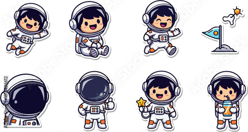 Cute Astronaut Sticker Pack - Space Character Vector Set
Adorable set of cartoon astronaut stickers featuring various poses: floating, running, sitting, thumbs up, and drinking juice. Includes a space