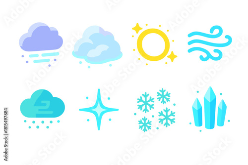 Isometric Winter Icons. Winter Atmosphere flat icons set. haze cloud, snow drift, sparkle ring, air current, frost mist, light flare, snow veil, icy shimmer