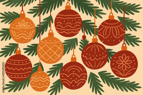 Festive Bauble Array. Set of Christmas ornaments hanging from a tree, featuring a series of round baubles with delicate line patterns. The composition emphasizes symmetry and