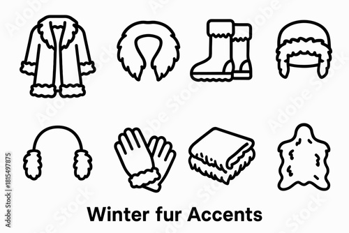 Winter Fur Icons. Winter Fur Accents linear icon set. fur coat, fur collar, fur boots, fur hat, faux fur throw, earmuffs, fur gloves, fur rug