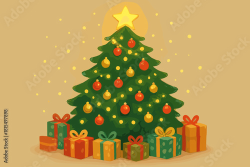 Decorated Christmas Tree. Beautifully decorated Christmas tree stands adorned with shimmering ornaments and twinkling lights, surrounded by wrapped gifts in vibrant paper. The star
