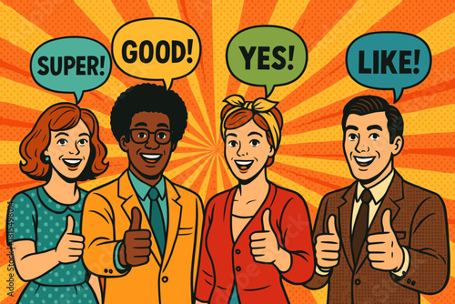 Diverse Retro Unity. Group of diverse people in retro attire giving a thumbs up, each with a unique speech bubble expressing approval. The scene is lively and dynamic, emphasizing