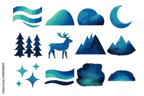 Arctic Icon Set. Arctic Night Glow silhouette icon set. aurora ribbons, snowy hill, icy lake, northern stars, moon, pine silhouettes, reindeer, mountain range, starlight, glowing