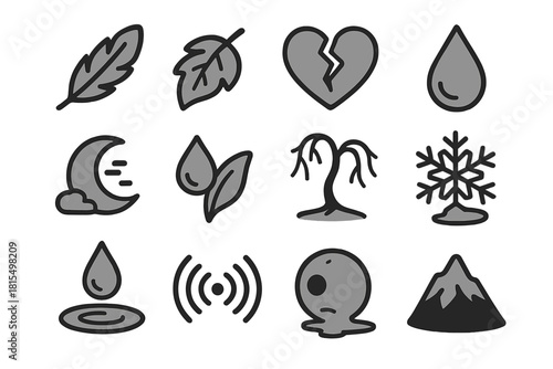 Icons of Melancholy. Symbolic Depictions of Sadness linear icon set. gray feather, falling leaf, cracked heart, single tear, shadowed moon, droplet on petal, wilted tree, melting