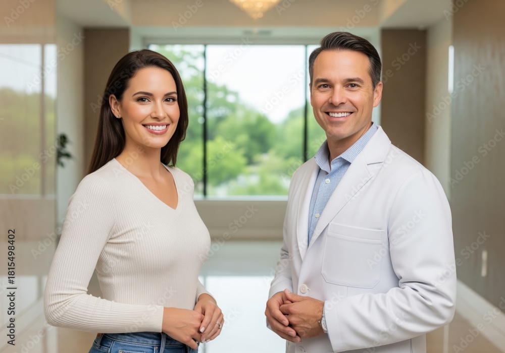 Obraz premium Smiling woman and male doctor in white coat standing in modern clinic