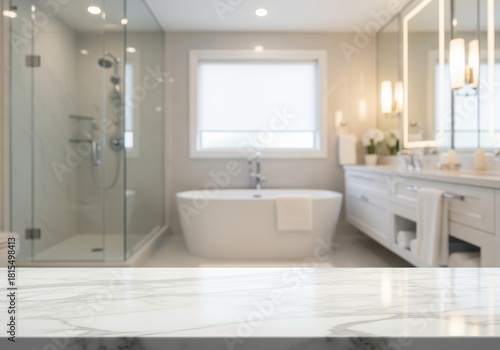 Wallpaper Mural Elegant white marble countertop with blurred modern luxury bathroom background. Torontodigital.ca