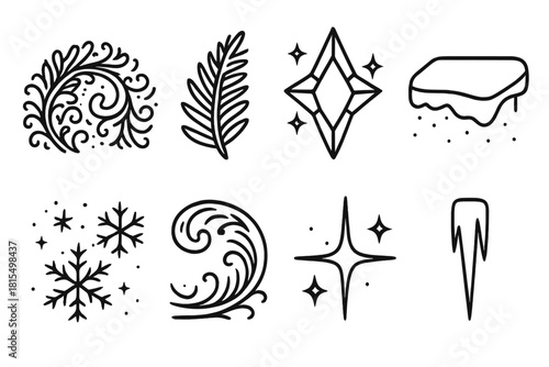 Winter's Intricate Design. Frosted Elegance linear icon set. lace-like frost, frozen fern, radiant crystal, smooth ice layer, glittering snow, curved frost edge, cold shimmer, thin