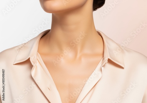 Elegant woman smooth neck and décolletage with healthy skin in a collared shirt
