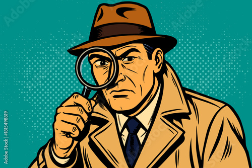 Pop Art Detective. Detective in a trench coat and hat, peering through a magnifying glass. The teal dotted background adds depth, complementing the classic detective theme. His