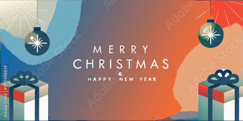 A vibrant Christmas card with gradient background, ornaments, gift boxes, and festive text.
