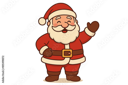 Cheerful Santa Claus. Jolly Santa Claus stands cheerfully, dressed in his classic red suit with white trim and a fluffy beard. His round belly and rosy cheeks exude warmth and joy.