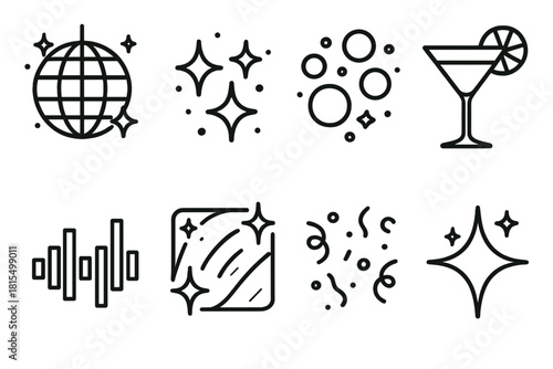 Glam Party Icons. Glam Night linear icon set. shimmering disco ball, soft lights, gold glitter, cocktail glass, music beats, glowing reflections, party confetti, silver shine