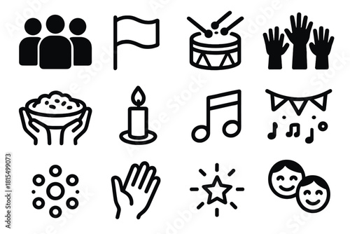 Festive Community Icons. Community Celebration linear icon set. group silhouette, banner flag, drum, raised hands, shared plate, candlelight, music notes, decorative garland