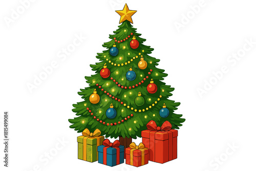 Ornate Christmas Tree. Intricately decorated Christmas tree stands as the focal point, laden with colorful ornaments, twinkling lights, and a star atop. Wrapped gifts are scattered
