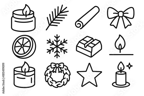 Festive Candle Icons. Christmas Scented Candles linear icon set. candle jar, pine sprig, cinnamon stick, orange slice, ribbon bow, snowflake, wax melt, matchstick, cozy flame