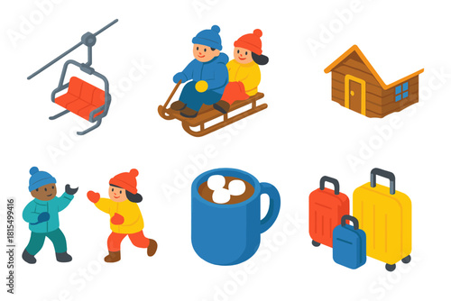 Winter Vacation Fun Icons. Family Snow Vacation flat icons set. ski lift, kids sledding, snowman, cozy cabin, snowball fight, hot cocoa, luggage bag, smiling sun