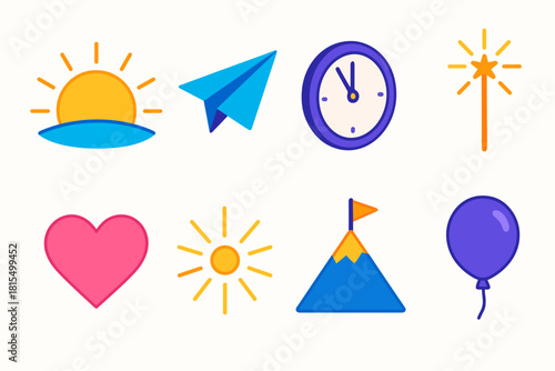 Icons of New Beginnings. Bright New Beginnings flat icons set. rising sun, paper airplane, clock striking twelve, sparkler, heart, light rays, mountain peak, balloon