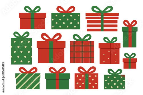Festive Gift Box Collection. Collection of festive gift boxes adorned with bows, each box featuring unique wrapping patterns like polka dots, stripes, and plaid. Arranged in a grid