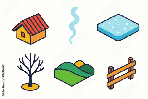 Peaceful Valley Icons. Peaceful Valley flat icons set. cabin roof, smoke trail, snowy field, bare tree, distant hills, wooden fence