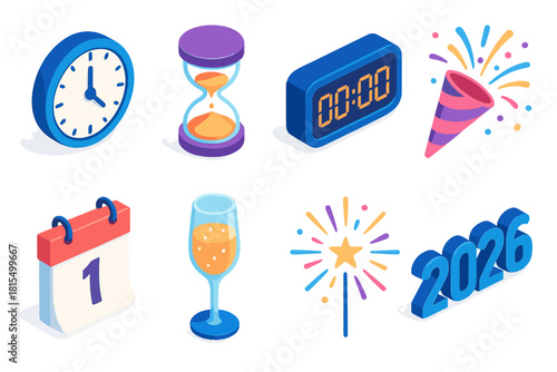 New Year Icons. New Year Countdown Set flat icons set. clock at midnight, hourglass, digital timer, confetti burst, calendar page, champagne glass, fireworks spark, 2026 digits