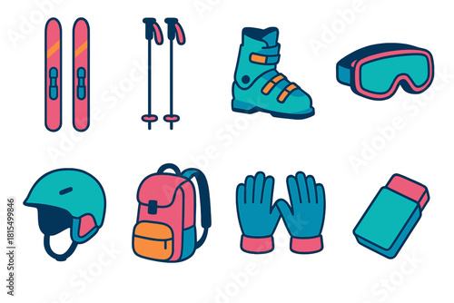 Isometric Ski Gear Icons. Ski Equipment flat icons set. skis, poles, boots, goggles, helmet, backpack, gloves, snow wax