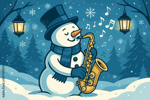 Snowman Jazz Serenade. Snowman holding a saxophone, playing a jazzy tune in a snowy landscape. The snowman wears a scarf and top hat, surrounded by snowflakes and pine trees. The