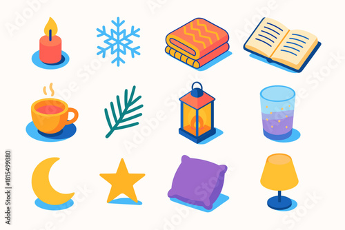 Isometric Holiday Icons. Christmas & New Year Peace & Reflection flat icons set. candle flame, snowflake, wool blanket, open journal, cup of tea, pine sprig, lantern glow, frosted