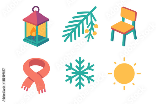 Holiday Icons Set. Tranquil Holiday Setting flat icons set. lantern, tree branch, chair, scarf, snowflake, glow