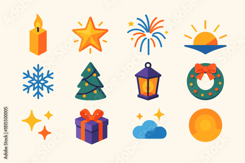 Festive Isometric Icons. Christmas & New Year Light & Hope flat icons set. candle flame, glowing star, fireworks, sunrise horizon, snowflake, tree lights, lantern, wreath, sparkles