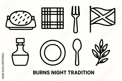 Burns Night Icons. Burns Night Culinary Tradition linear icon set. haggis on tray, tartan pattern, serving fork, Scottish flag, whisky decanter, dinner plate, spoon, sprig of herbs