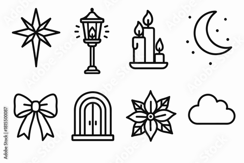 Festive Star Icons. Festive Guiding Star linear icon set. illuminated star, lantern pole, candles, moonlight, ribbons, doorway, poinsettias, cloud