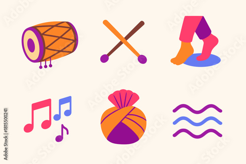 Lohri Celebration Icons. Lohri Dhol Drum Beats flat icons set. dhol drum, drumsticks, dancing feet, music notes, turban, rhythmic waves
