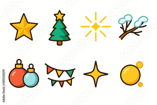 Festive Star Icons. Seasonal Star Brilliance flat icons set. golden star, tree peak, light rays, snow-covered branches, ornaments, garland, sparkle, glow
