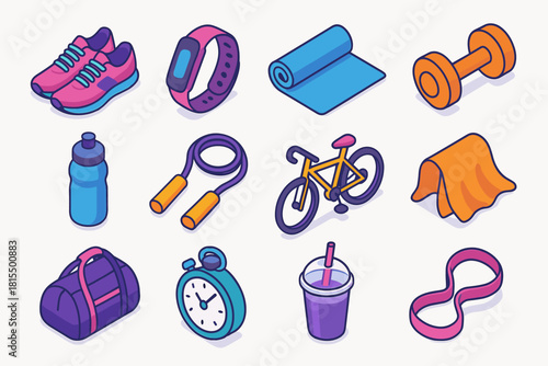Active Lifestyle Icons. Active Lifestyle flat icons set. sneakers, fitness tracker, yoga mat, dumbbell, water bottle, jump rope, bicycle, sweat towel, gym bag, stopwatch, smoothie