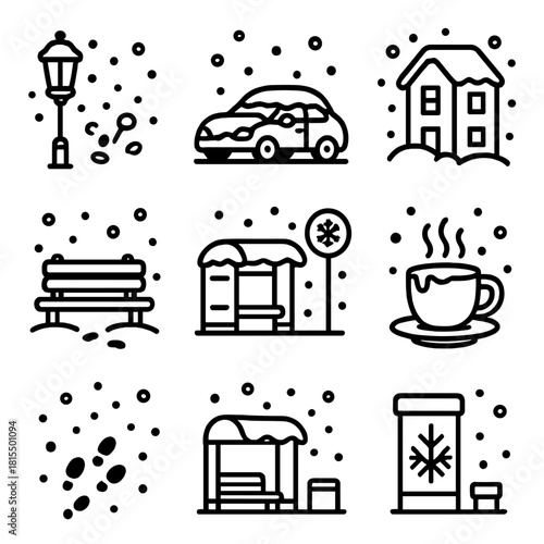Snowy Urban Outline Icons. City in Snow linear icon set. street lamp, car with snow, building roof, bench, footprints, bus stop, snowflake sign, coffee cup