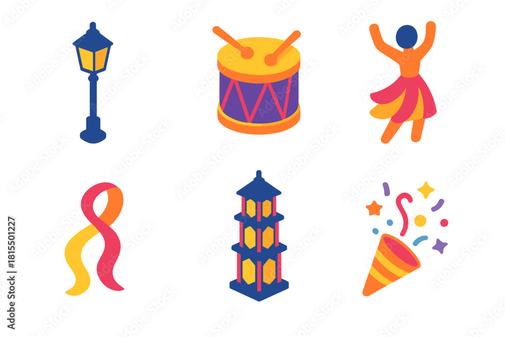 Fototapeta premium Festive Lantern Icons. Festive Lantern Parade flat icons set. street lamp, drum, dancer, ribbon, lantern tower, confetti