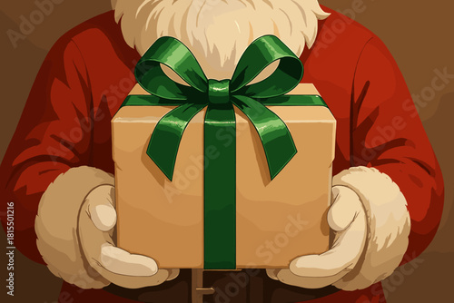 Santa's Green Gift. Beautifully wrapped gift with a shiny green ribbon is held by Santa. The gift's placement as the focal point symbolizes the joy of giving during the holiday
