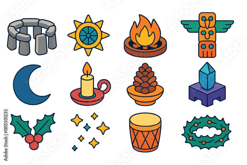 Ancient Solstice Symbols. Ancient solstice ceremony set flat icons set. circle of stones, winter sun symbol, fire pit, animal totem, crescent moon, candle holder, pine cone