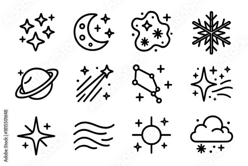 Frozen Galaxy Icons. Frozen Galaxy Icons linear icon set. star cluster, glowing moon, icy dust, snowflake, planet ring, frost beam, constellation, shimmer trail, bright star, mist